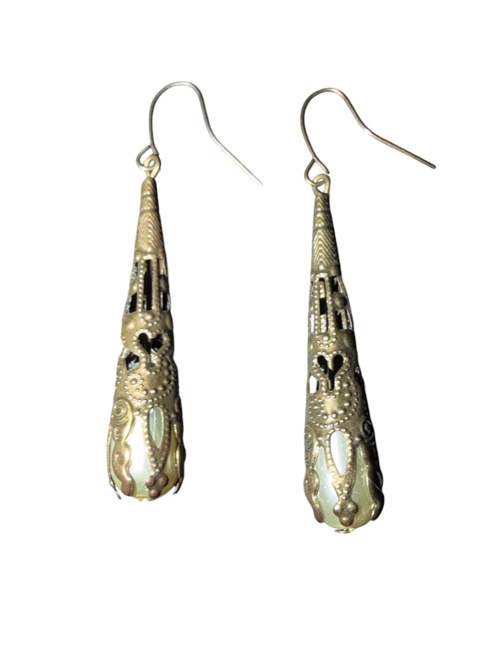 Delicate Antique-Style Gold and cream Filigree cone cage Drop Earrings